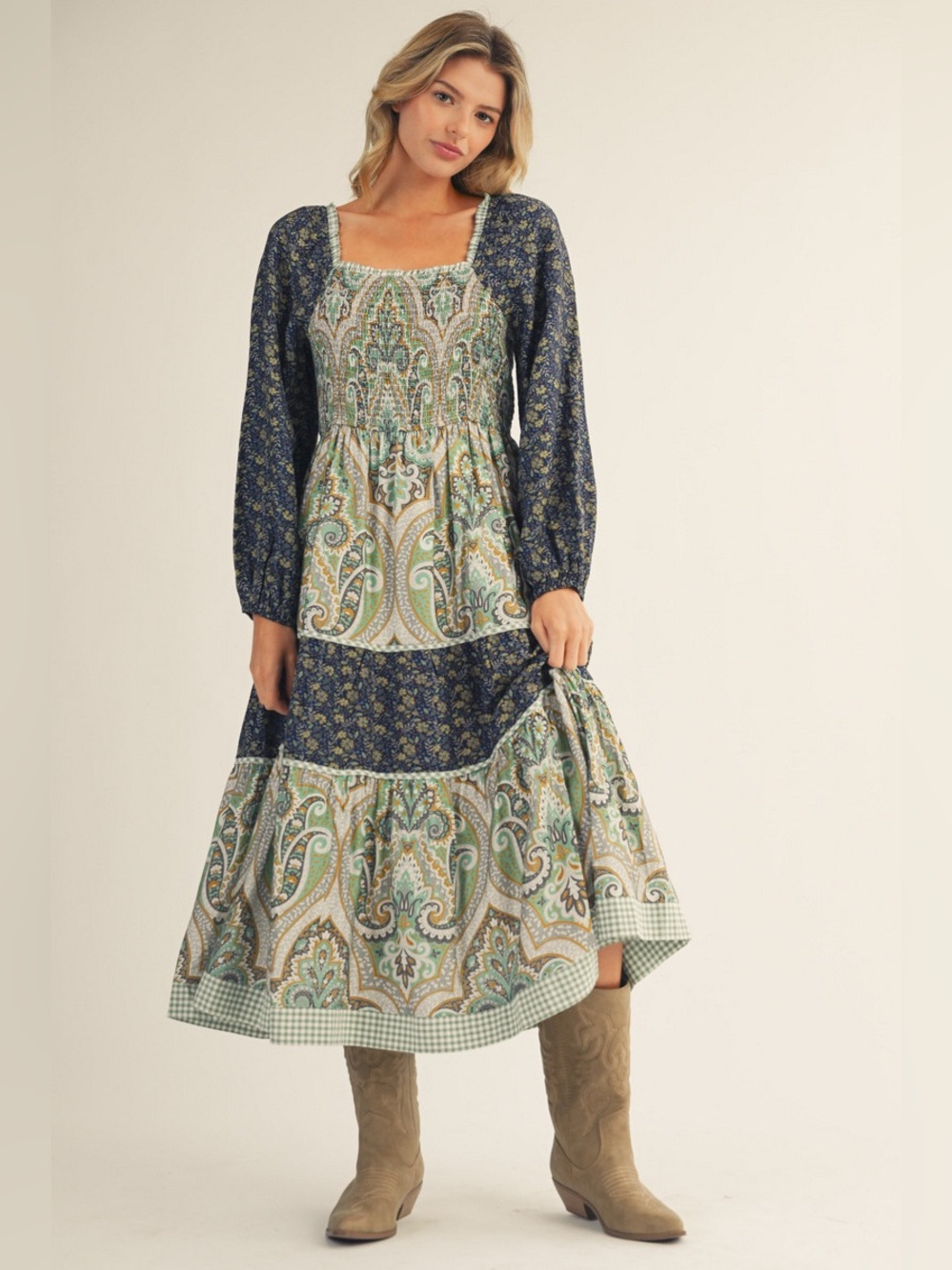 #257 Boho Paisley Tiered Maxi Dress in Navy and Green - Picture 1 of 2